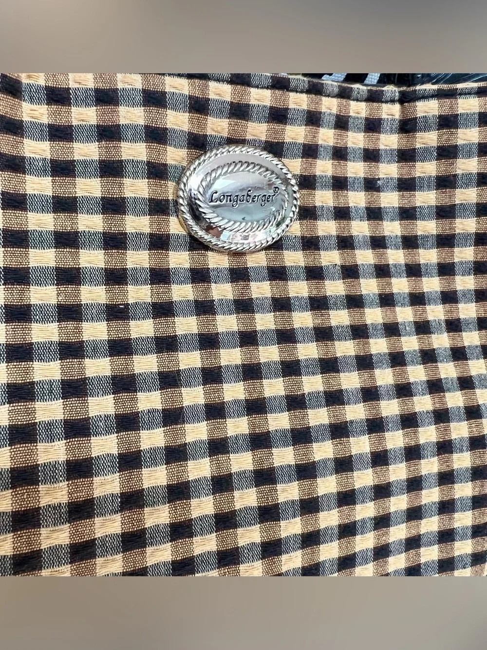 LONGABERGER Homestead Black & Tan Gingham Tote Bag with Embossed Leather Trim
